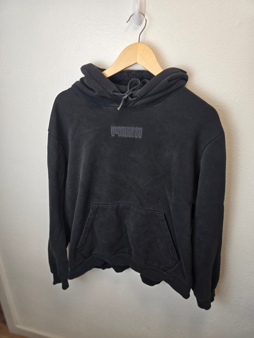 Puma Hoodie Mens XL Washed Black Tonal Logo Pullover Fleece Sweatshirt